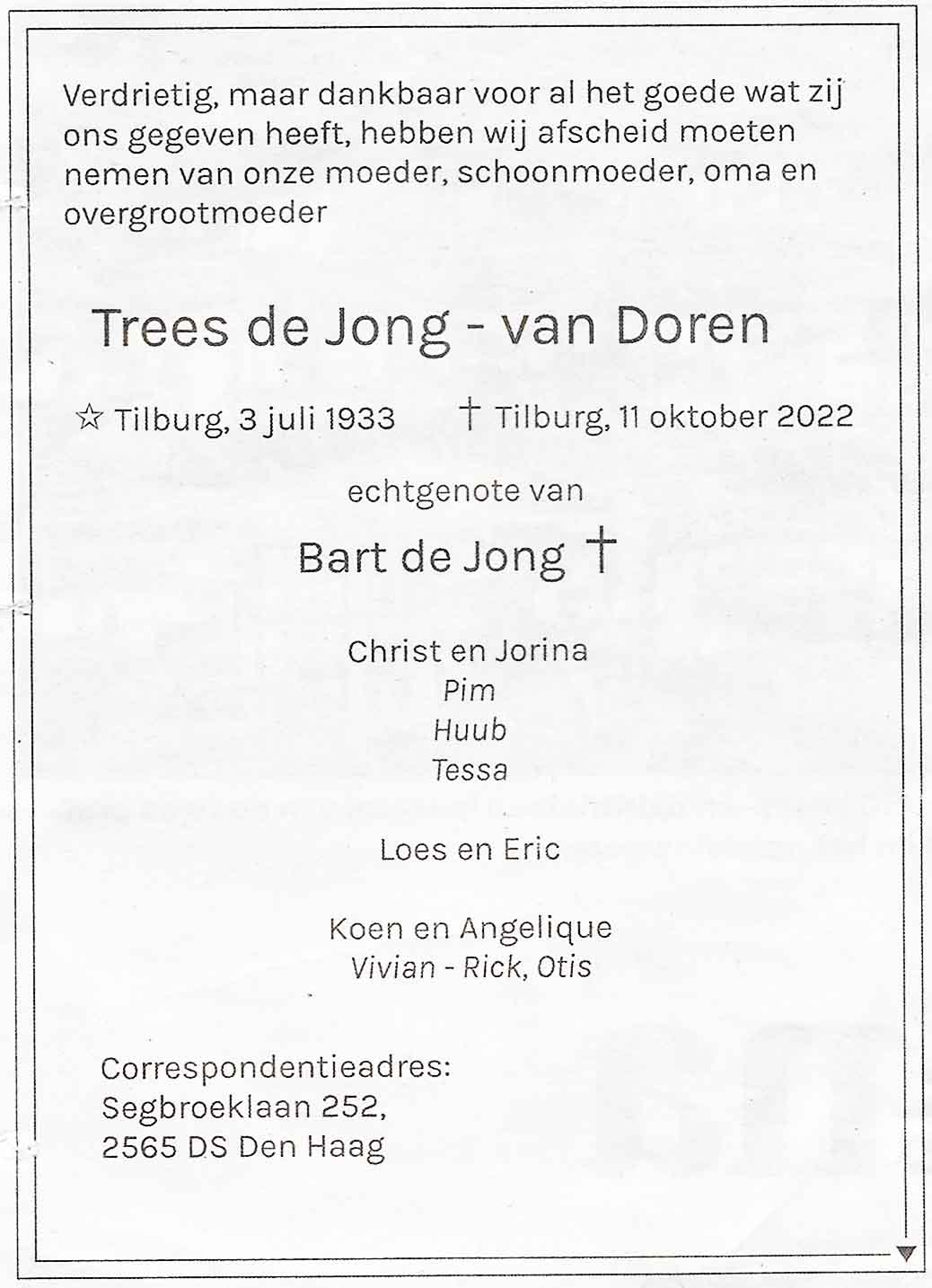 In memoriam mevrouw Trees de Jong- van Doren